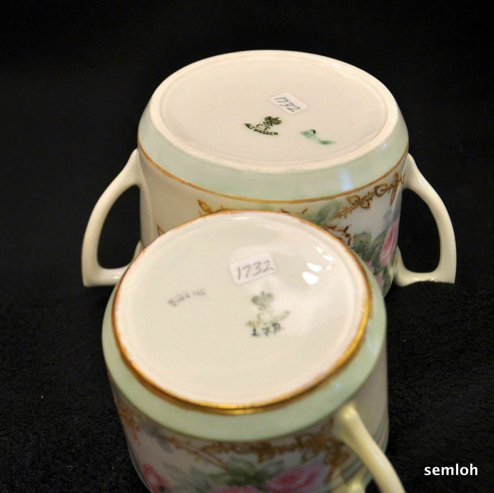 CT Tielsch Altwasser Creamer Sugar w/Lid Artist LFB Pink Roses Raised Gold 1900