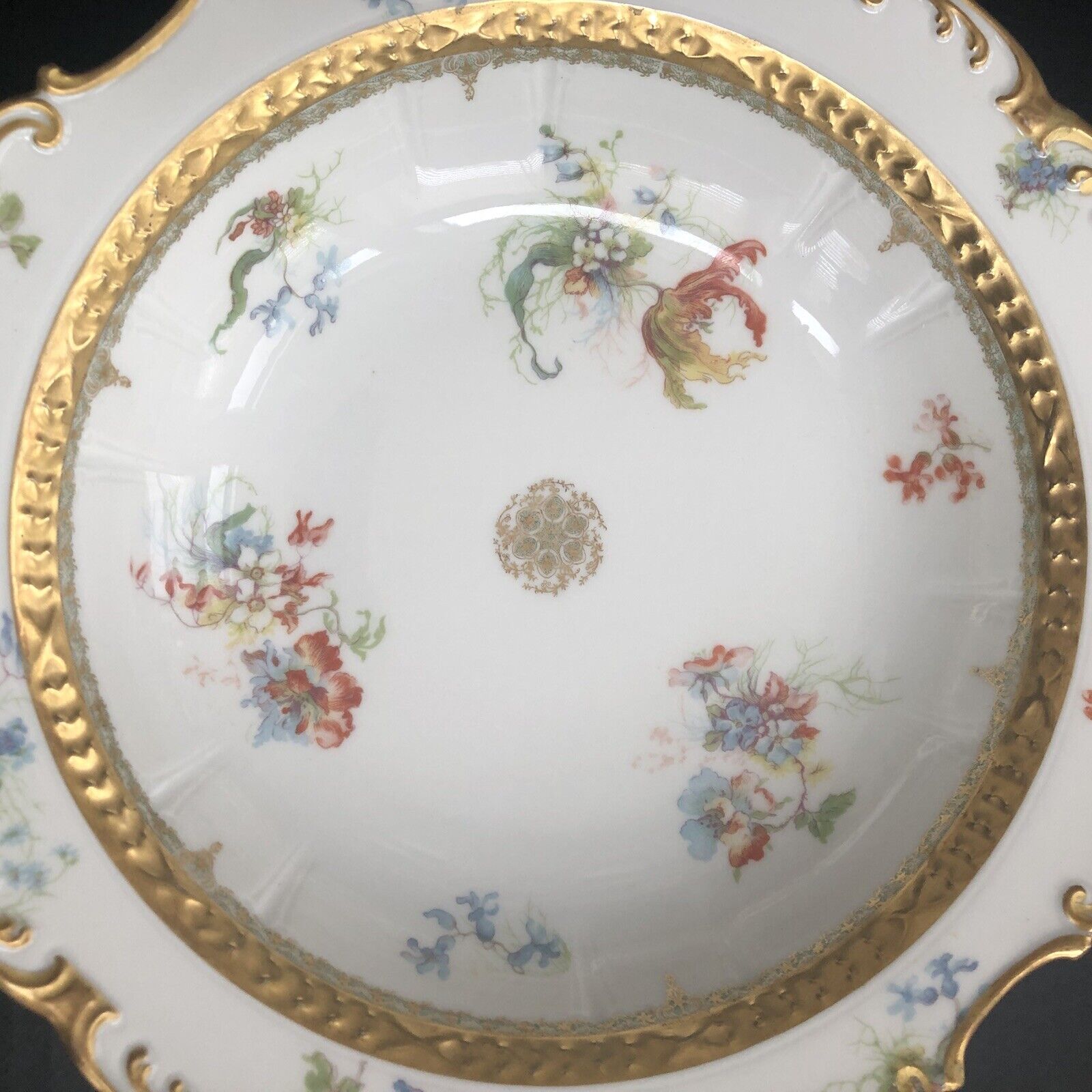 GDA Limoges France 10 1/4" Serving Bowl Floral Embossed w/Gold 1900 HTF