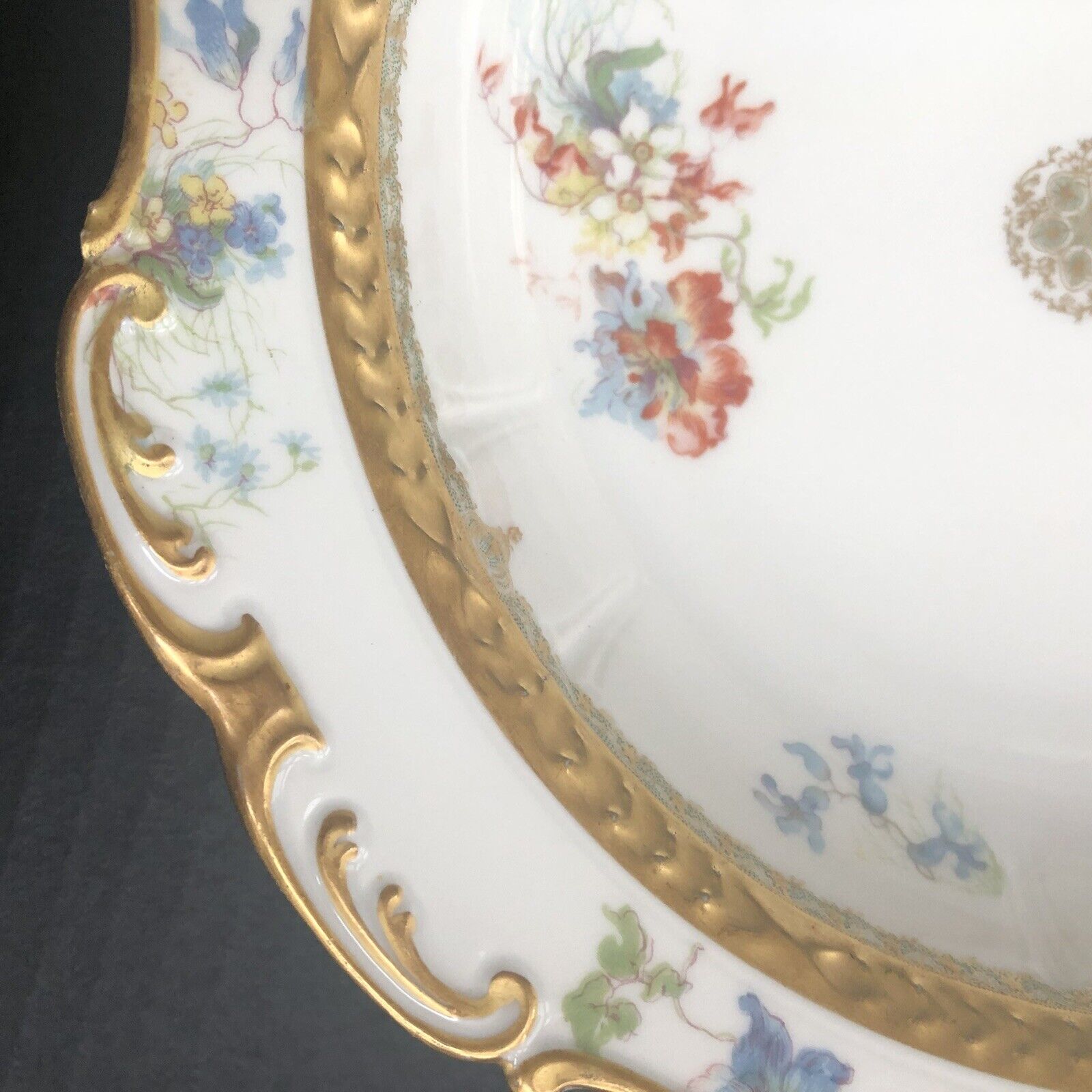 GDA Limoges France 10 1/4" Serving Bowl Floral Embossed w/Gold 1900 HTF