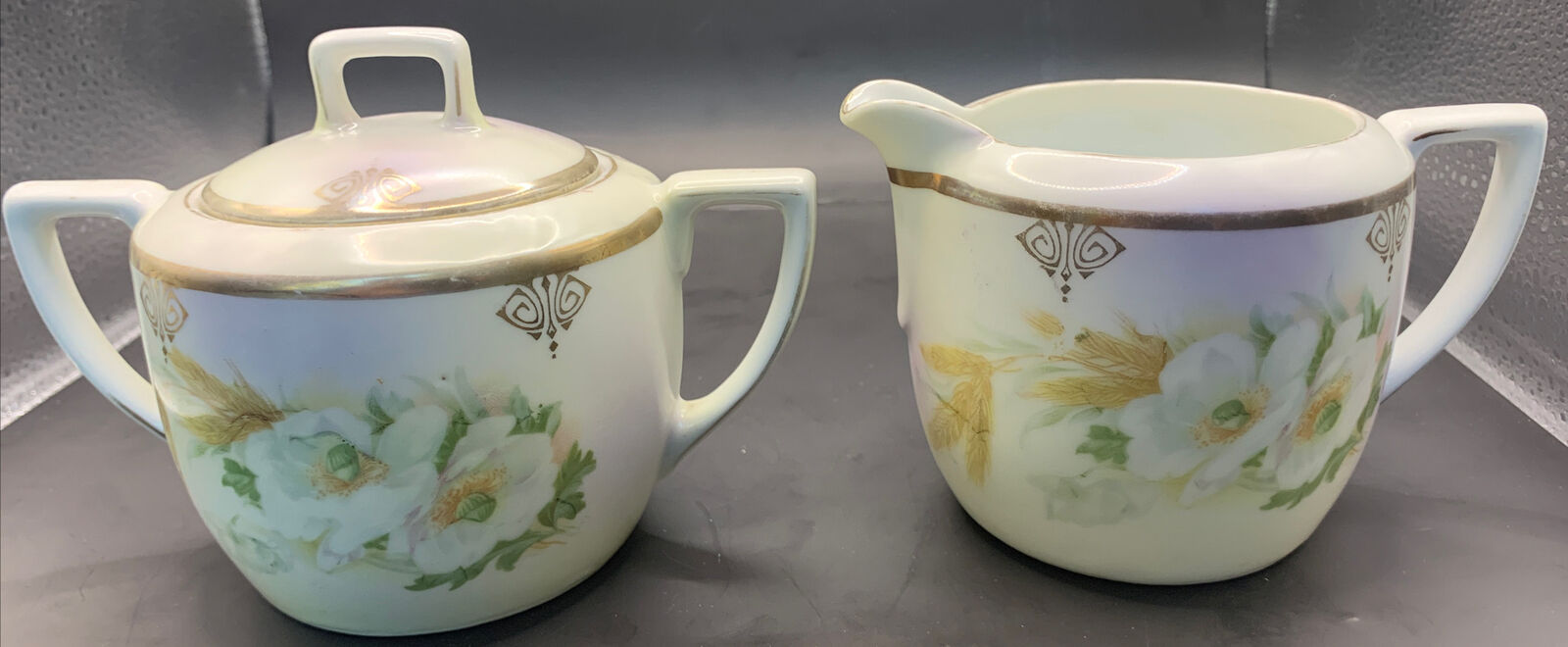 Vintage German Creamer And Sugar with Lid Gold Trim Wheat & White Flowers