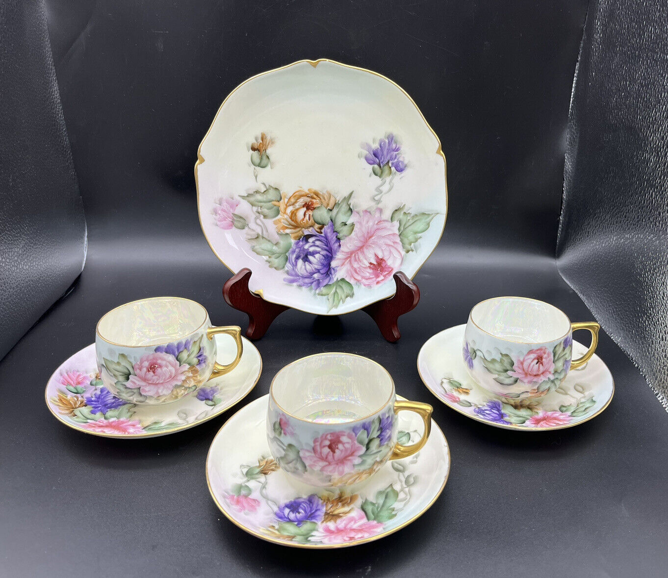 Antique Limoges Guerin 3 Cups & Saucers Dessert Plate Hand Painted 1900-1932