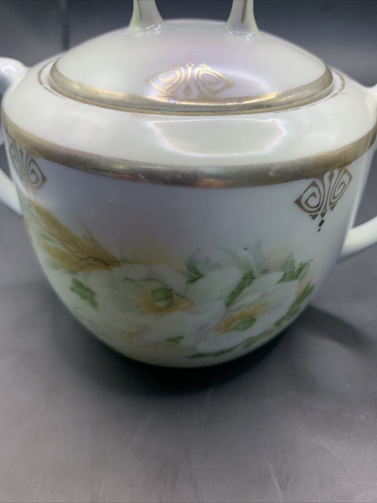 Vintage German  Creamer And Sugar with Lid Gold Trim Wheat & White Flowers