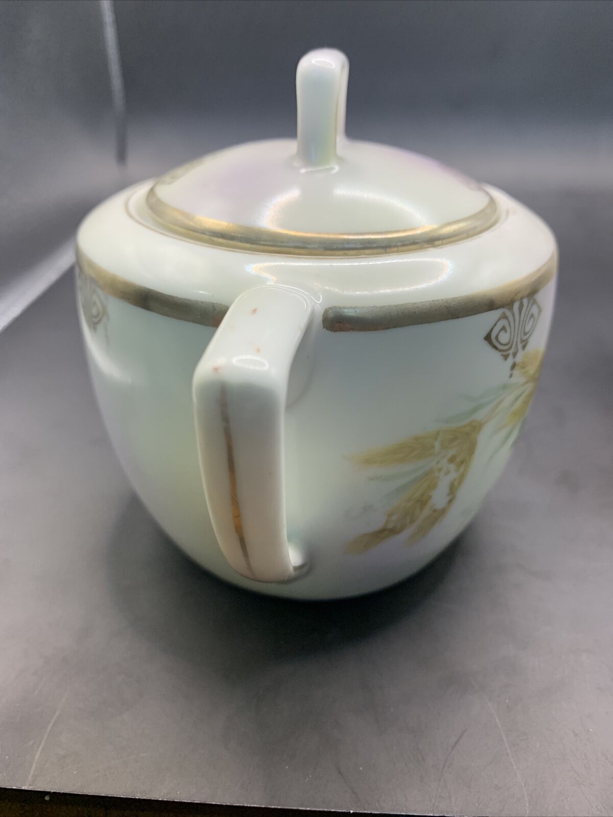 Vintage German  Creamer And Sugar with Lid Gold Trim Wheat & White Flowers