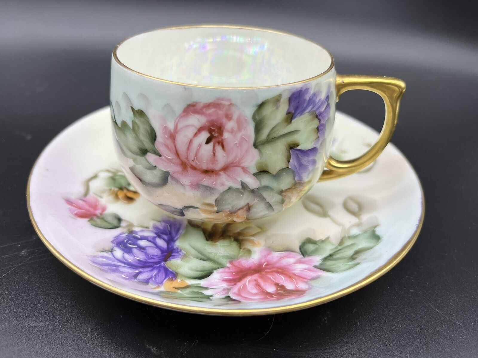 Antique Limoges Guerin 3 Cups & Saucers Dessert Plate Hand Painted  1900-1932