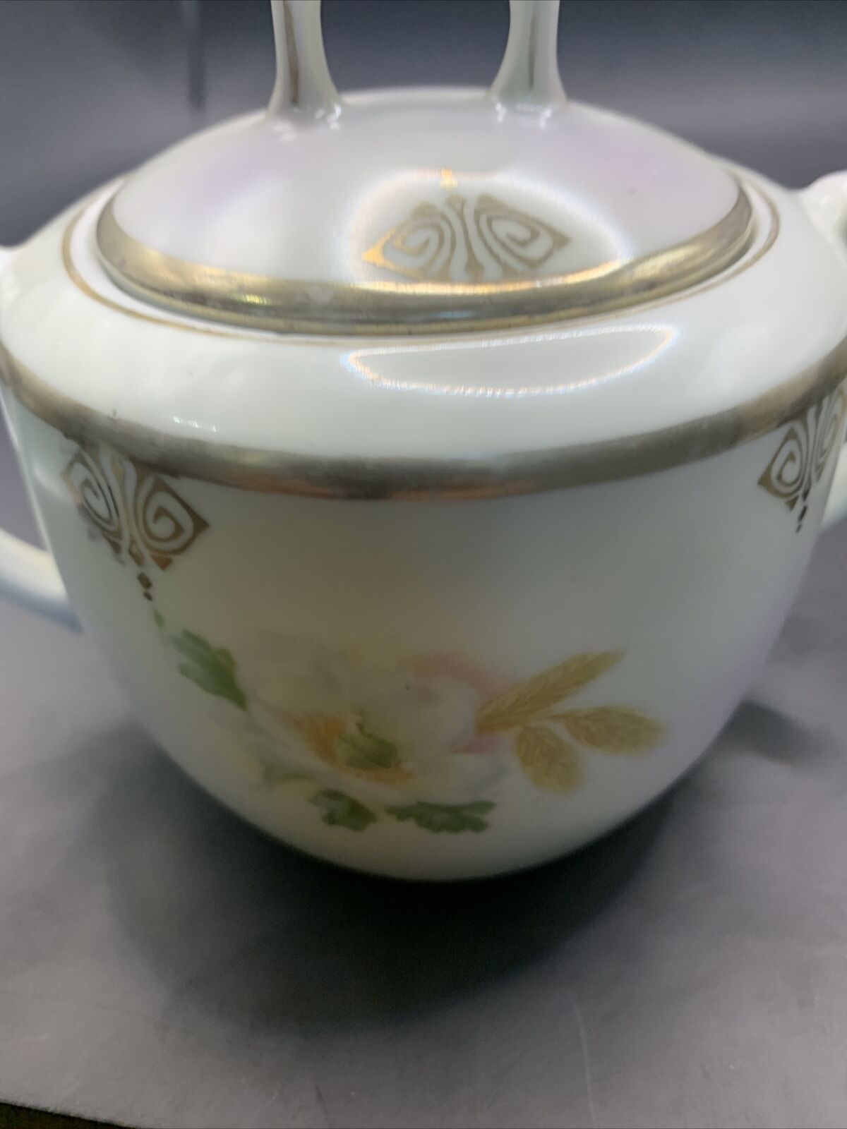 Vintage German  Creamer And Sugar with Lid Gold Trim Wheat & White Flowers