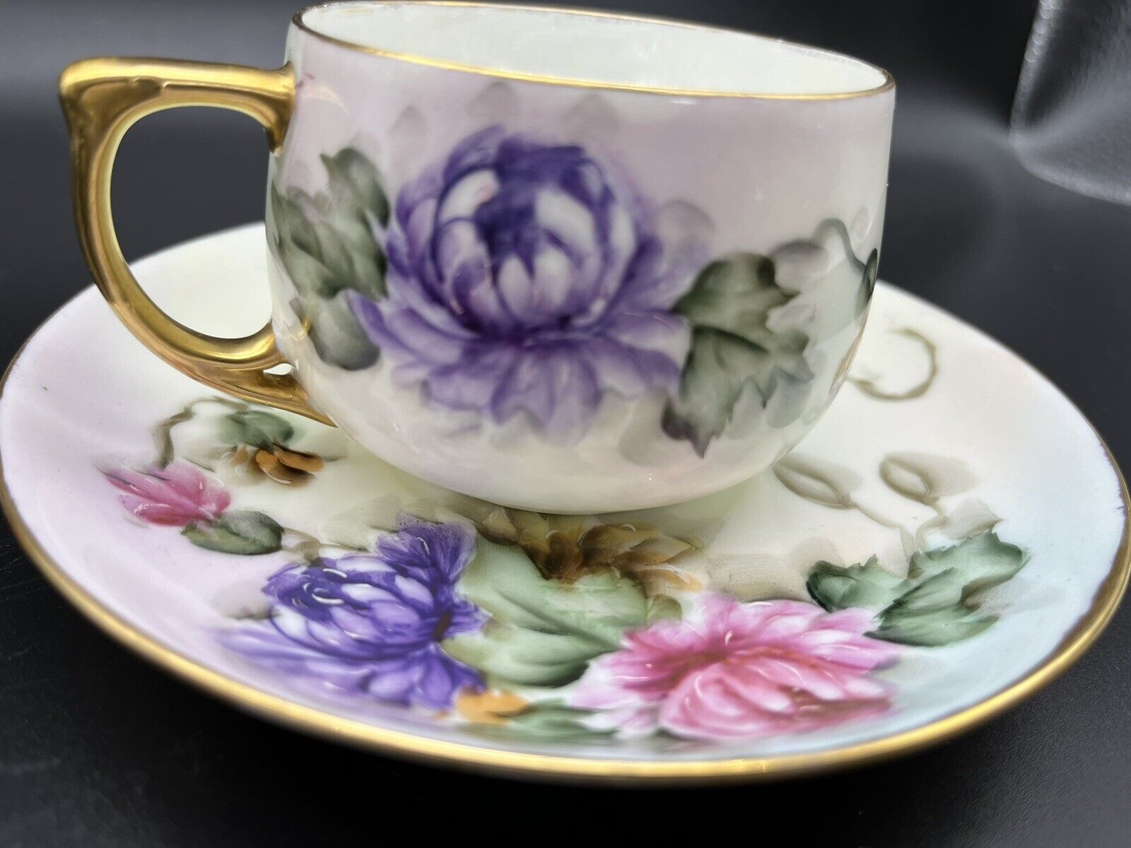 Antique Limoges Guerin 3 Cups & Saucers Dessert Plate Hand Painted  1900-1932