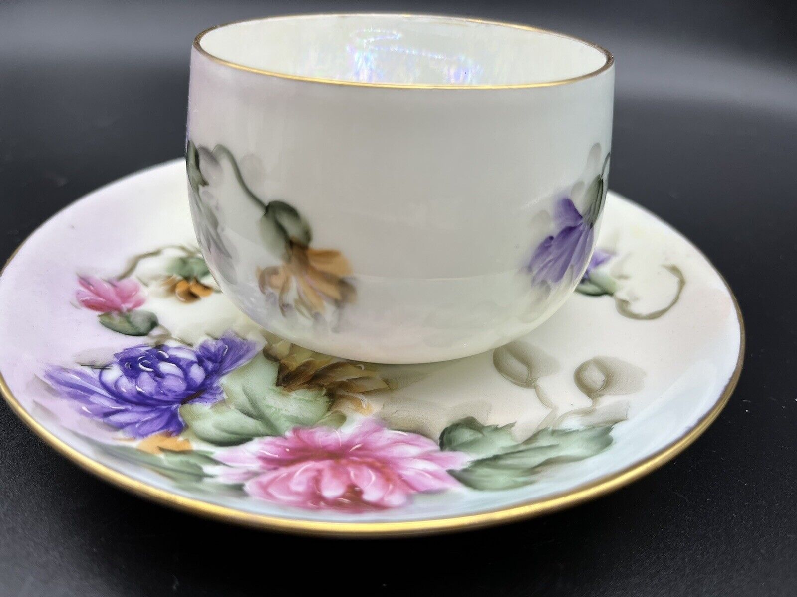 Antique Limoges Guerin 3 Cups & Saucers Dessert Plate Hand Painted  1900-1932
