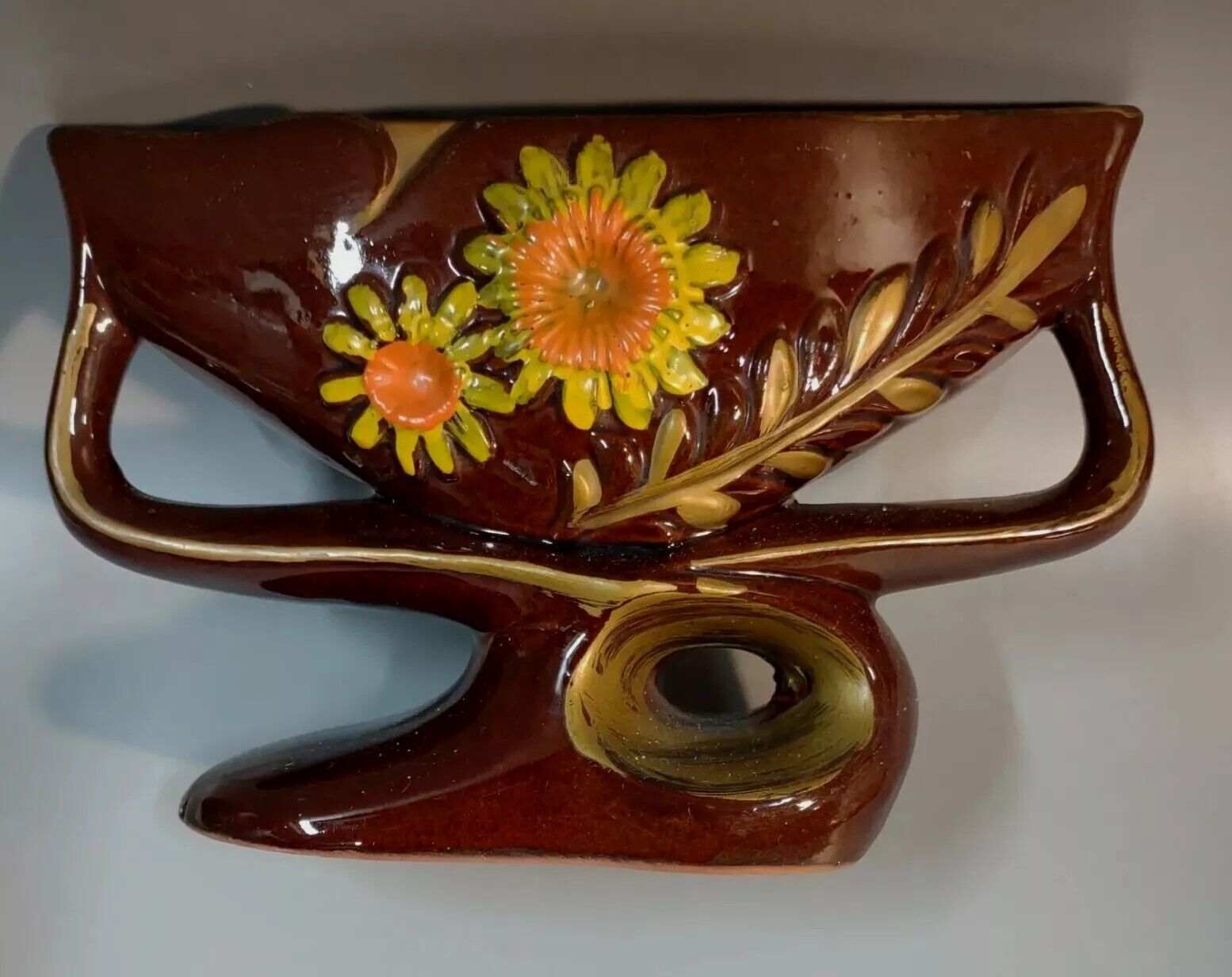 Antique Vase Victorian redware Art Pottery Brown yellow glaze 8" x 5" C.1910