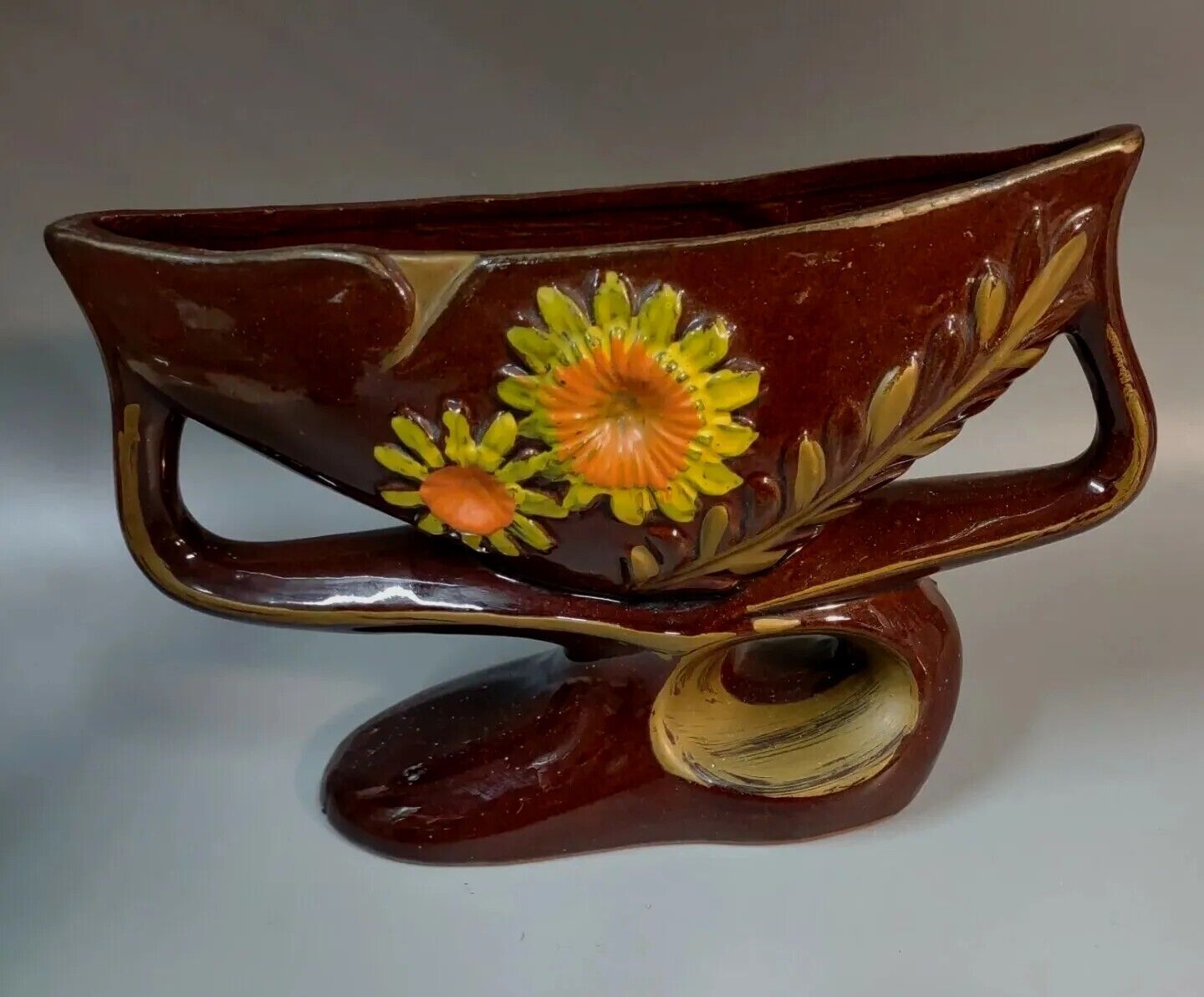 Antique Vase Victorian redware   Art Pottery Brown yellow glaze 8" x 5" C.1910