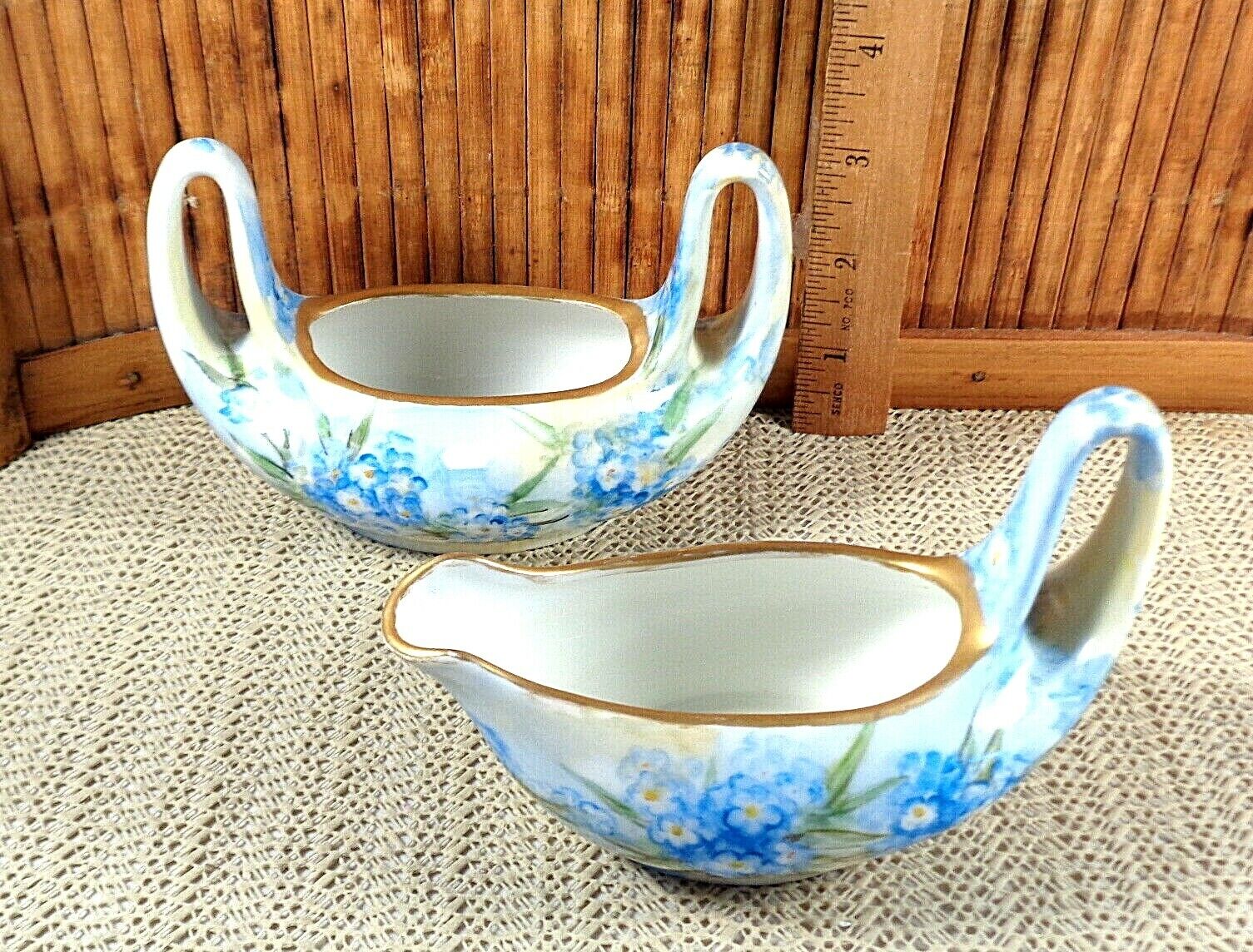 Vintage Oval Creamer and Open Sugar / Blue For-Get-Me-Nots / Rare