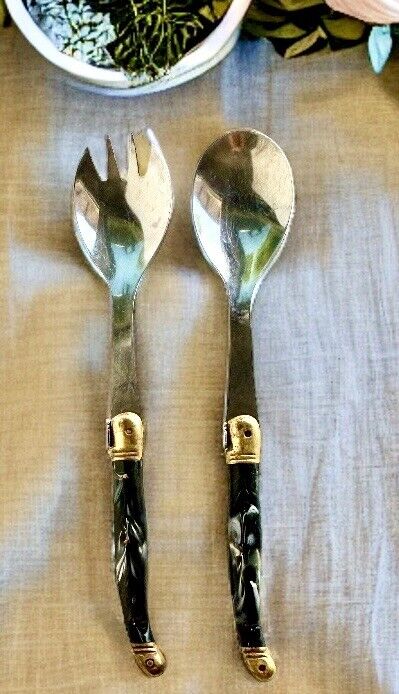 Antique 1900s Vintage Laguiole Serving Spoon & Fork Stainless Bee Emblem Pre Own