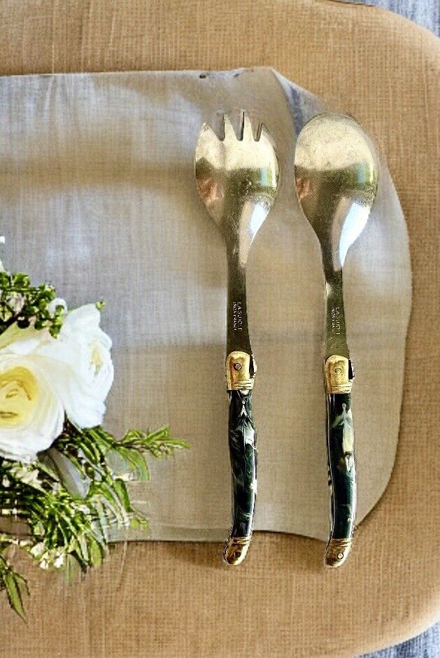Antique 1900s Vintage Laguiole Serving Spoon & Fork Stainless Bee Emblem Pre Own
