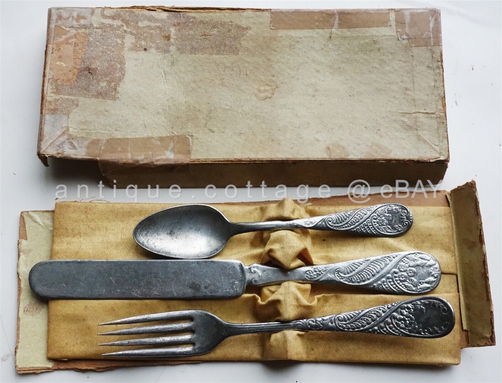 1800s antique silver plate color PAISLEY PATTERN flatware 3pc CHILD SERVING