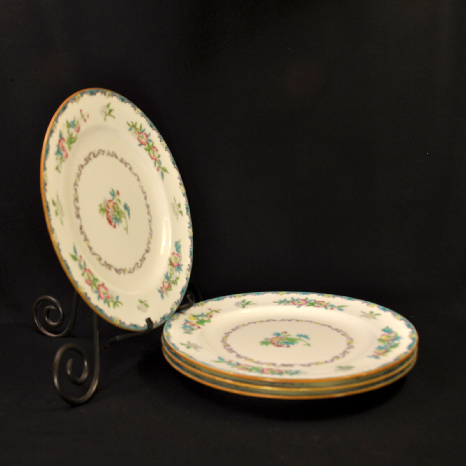 Mintons Set 4 Dinner Plates RN#654443 Floral Hand Painted Pink Blue Green 1900's