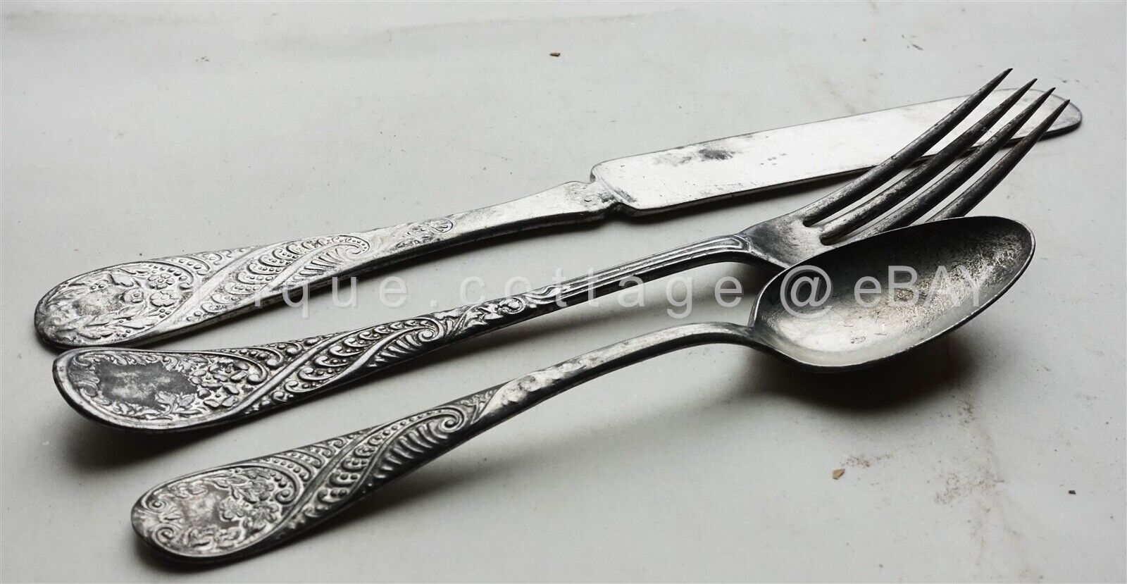 1800s antique silver plate color PAISLEY PATTERN flatware 3pc CHILD SERVING