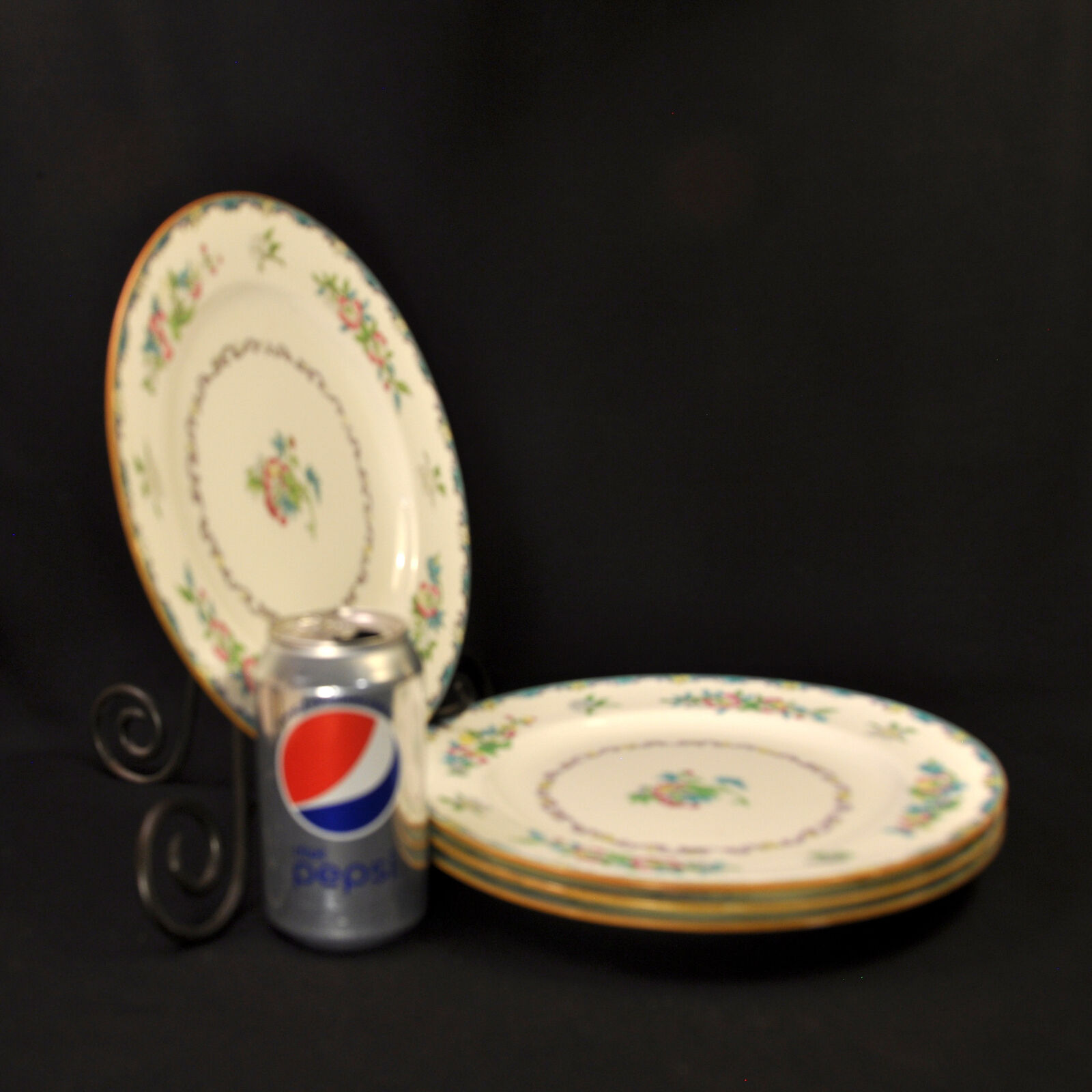 Mintons Set 4 Dinner Plates RN#654443 Floral Hand Painted Pink Blue Green 1900's