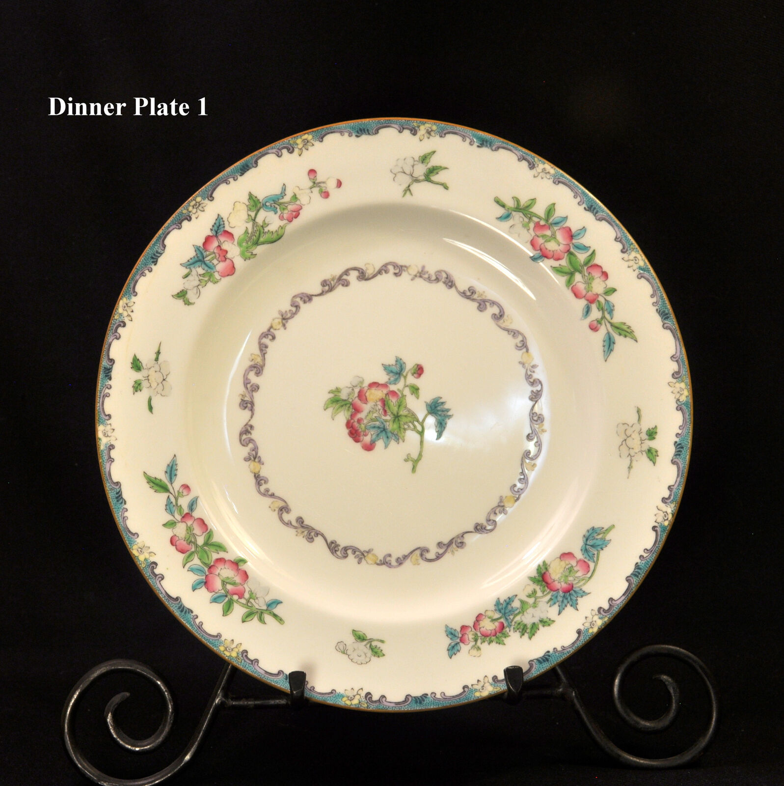Mintons Set 4 Dinner Plates RN#654443 Floral Hand Painted Pink Blue Green 1900's