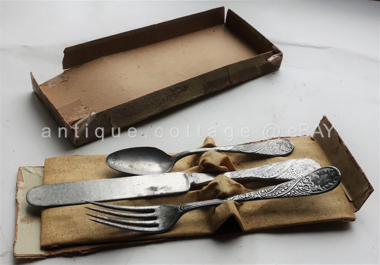1800s antique silver plate color PAISLEY PATTERN flatware 3pc CHILD SERVING