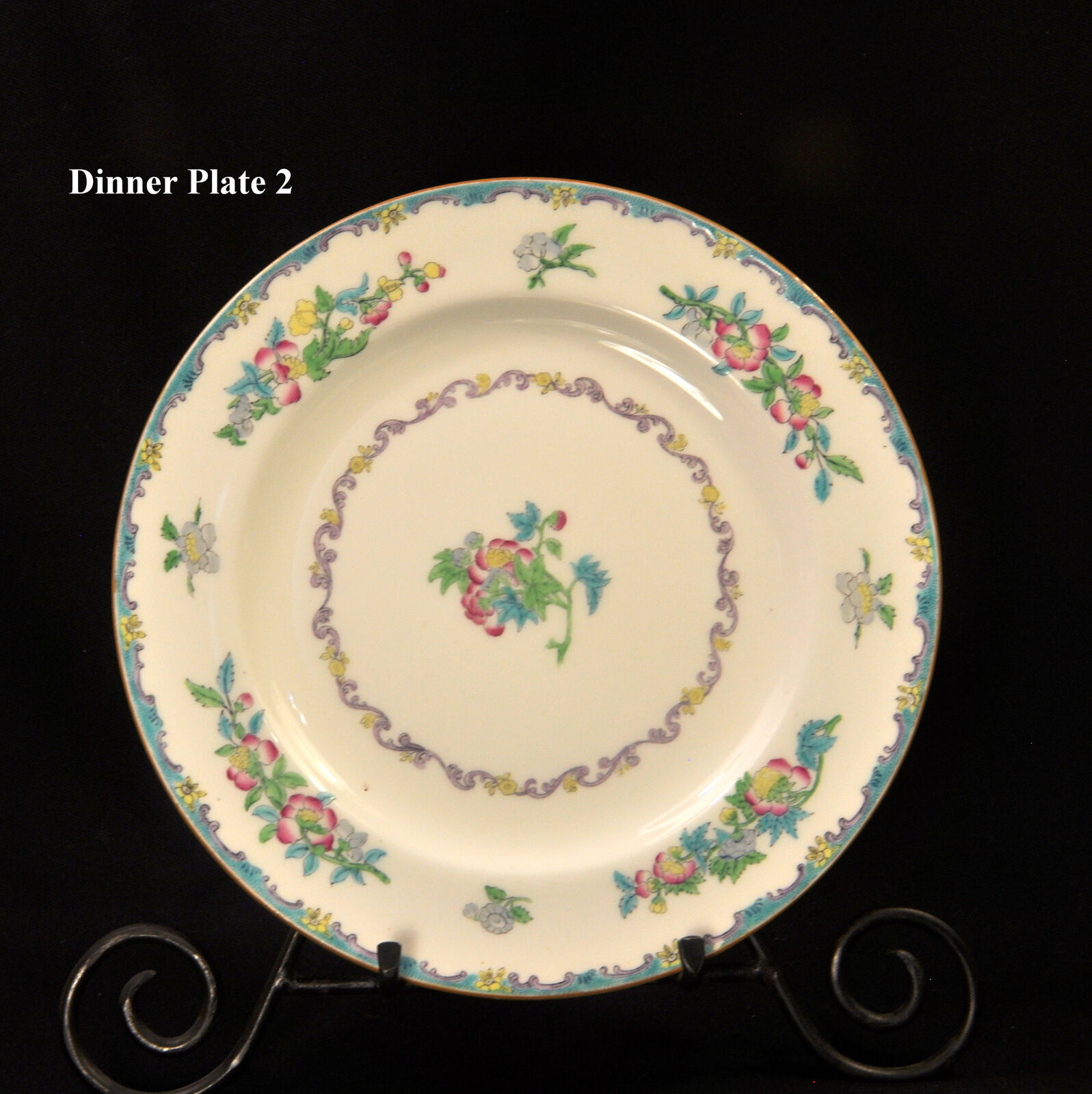 Mintons Set 4 Dinner Plates RN#654443 Floral Hand Painted Pink Blue Green 1900's