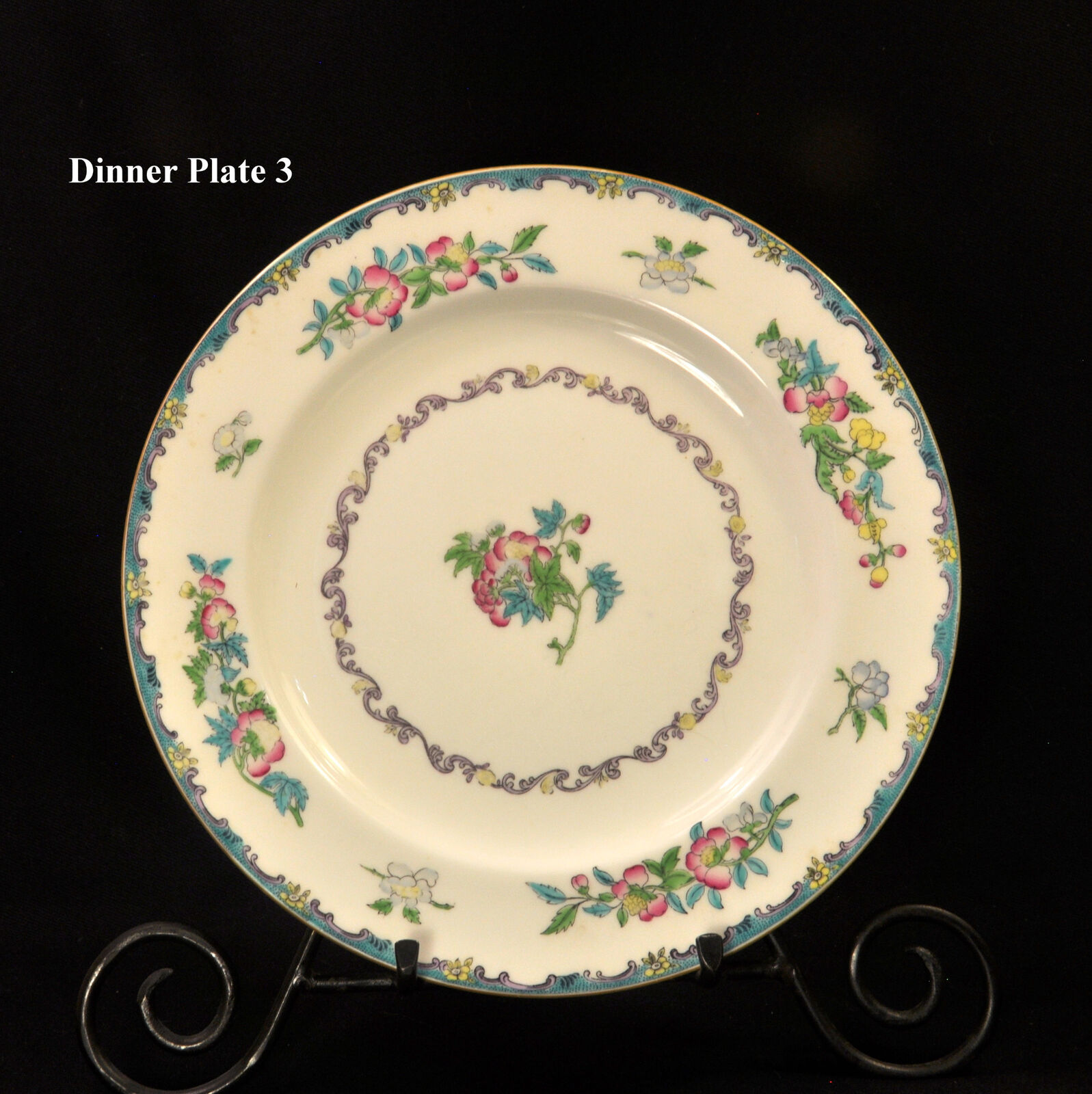 Mintons Set 4 Dinner Plates RN#654443 Floral Hand Painted Pink Blue Green 1900's