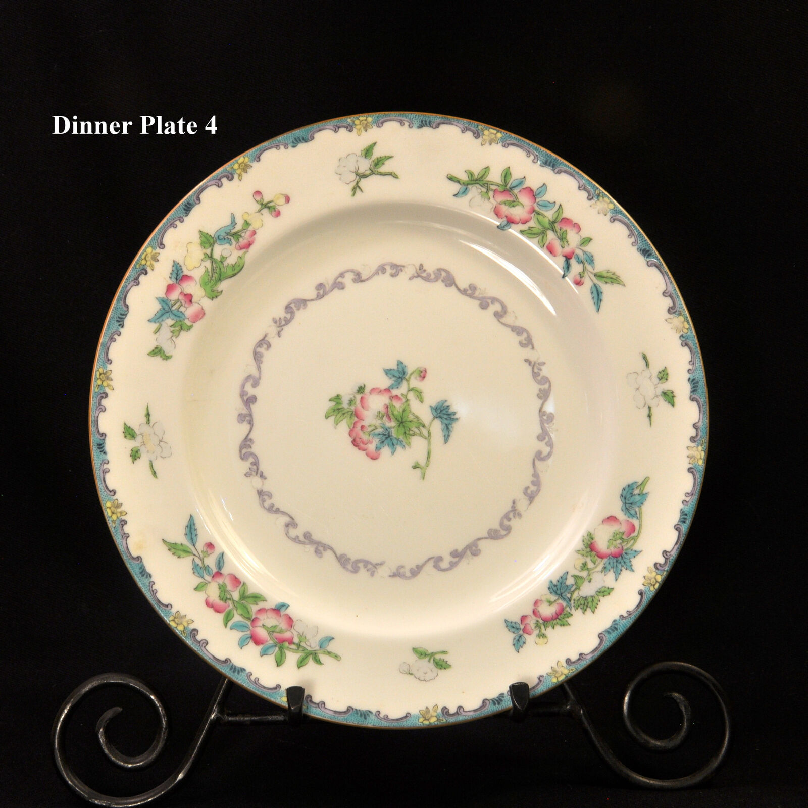 Mintons Set 4 Dinner Plates RN#654443 Floral Hand Painted Pink Blue Green 1900's