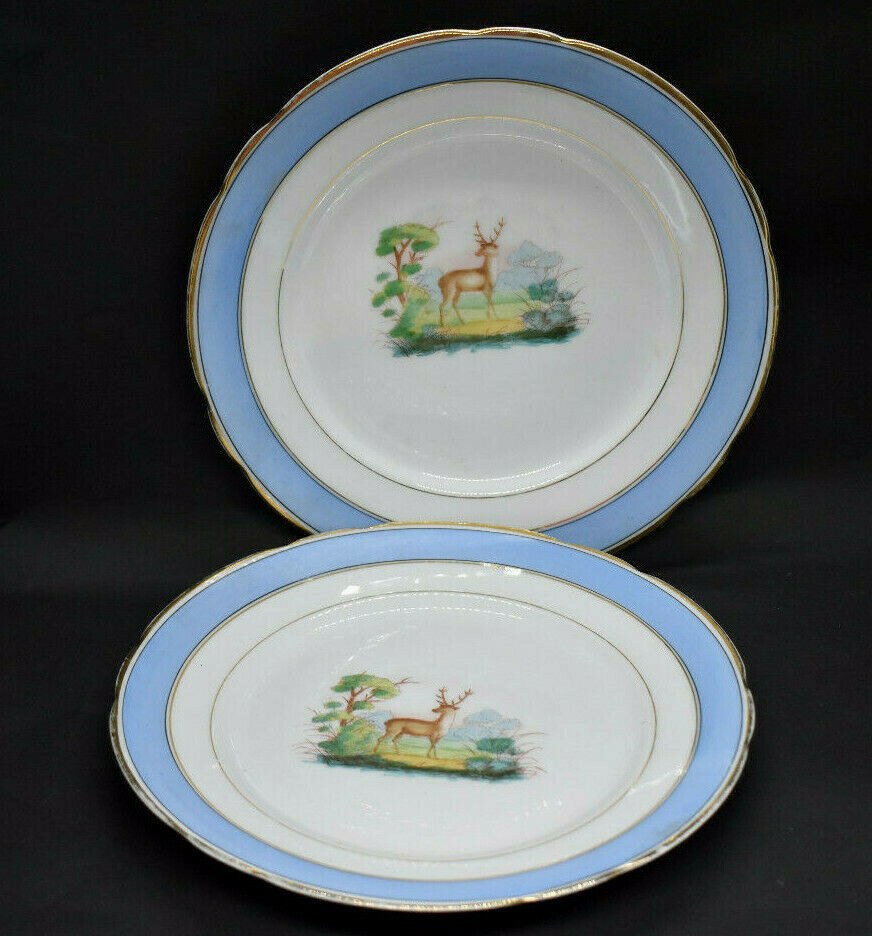 Carl Tielsch Porcelain Deer Plates Pair Buck Stag Blue Rim Late 1800's