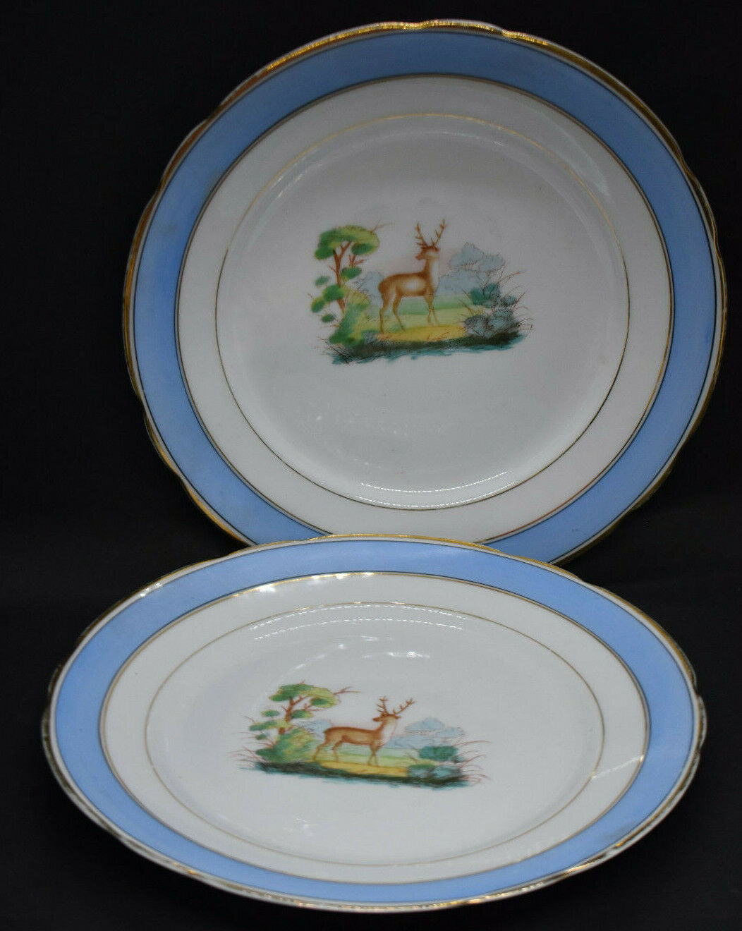 Carl Tielsch Porcelain Deer Plates Pair Buck Stag Blue Rim Late 1800's