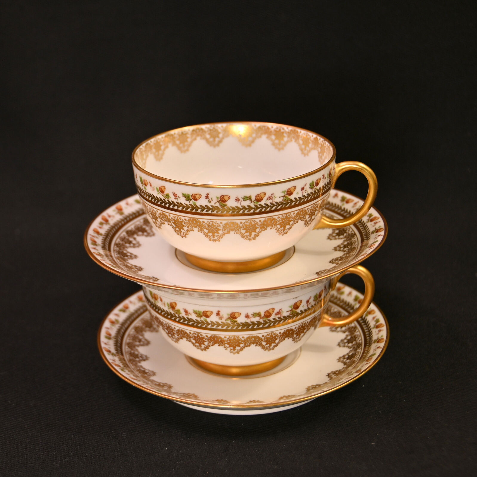 JPL Pouyat Limoges 2 Cups & Saucers Brown Acorns w/Gold 1900-1920 Hand Painted