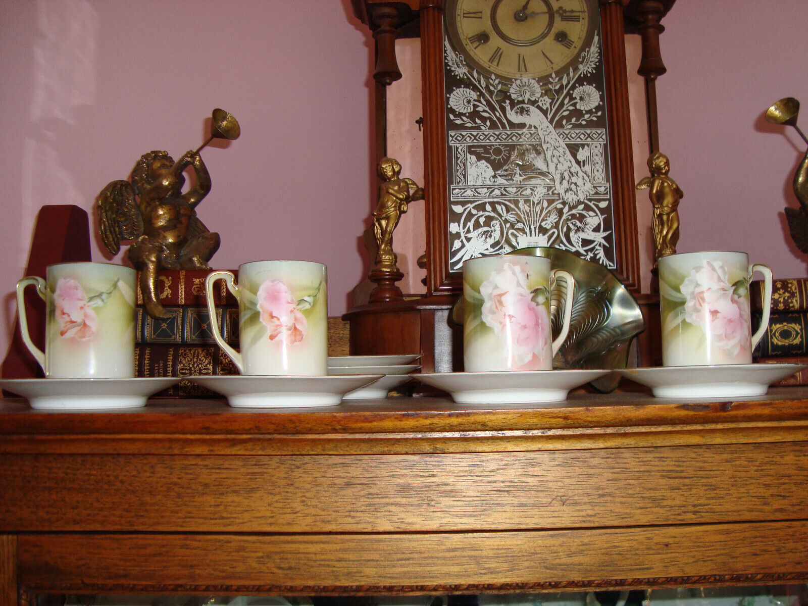 4 Antique 1900a RS Prussia Germany  Cup&Saucers Hand Painted Translucent