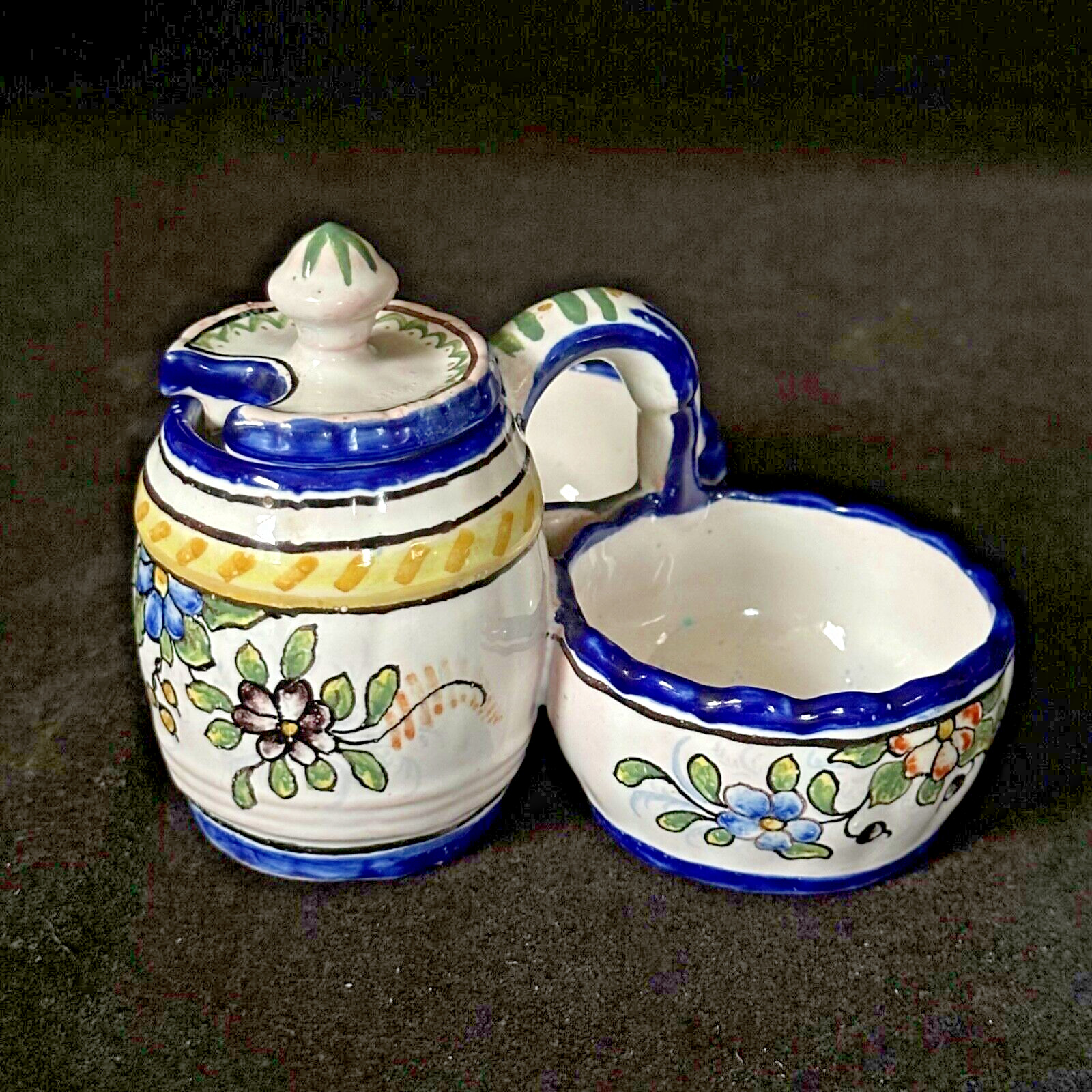 NEVERS Double Salt & Mustard Pot w/ Lid French Faience MONTAGNON Antique c.1910