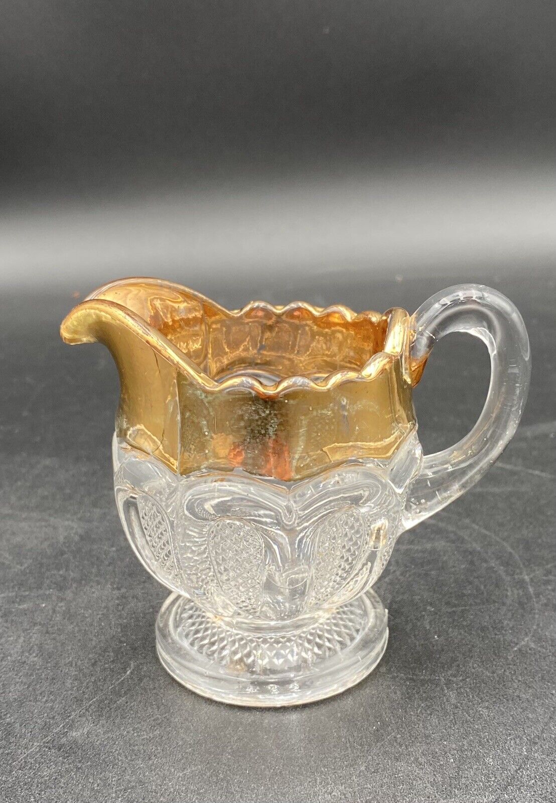 Antique U.S. Glass Co. Glass Creamer, "Texas"/# 15067, Gold Gilt, EAPG, c. 1900