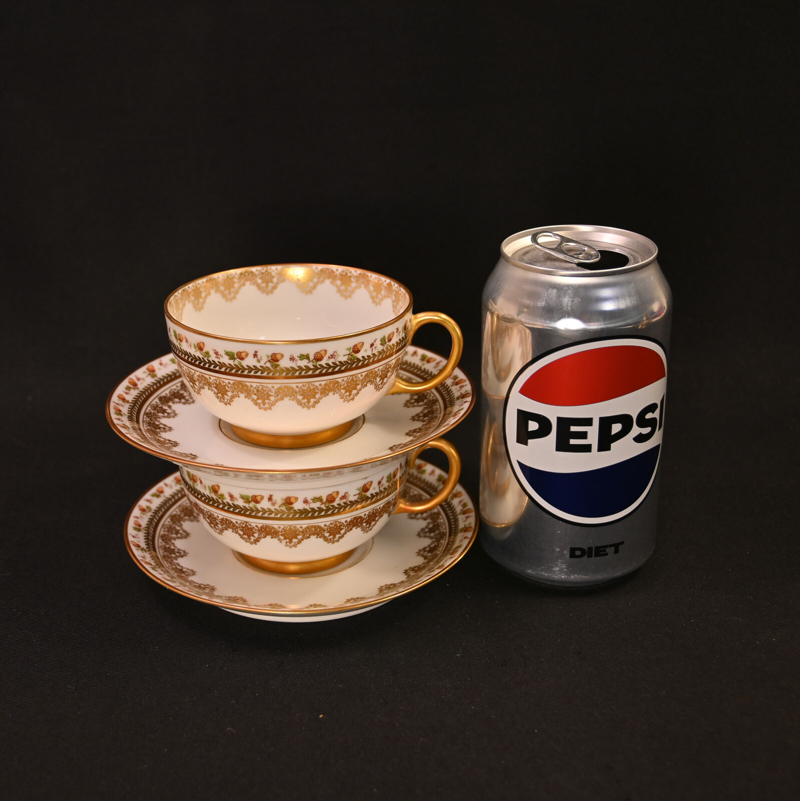 JPL Pouyat Limoges 2 Cups & Saucers Brown Acorns w/Gold 1900-1920 Hand Painted