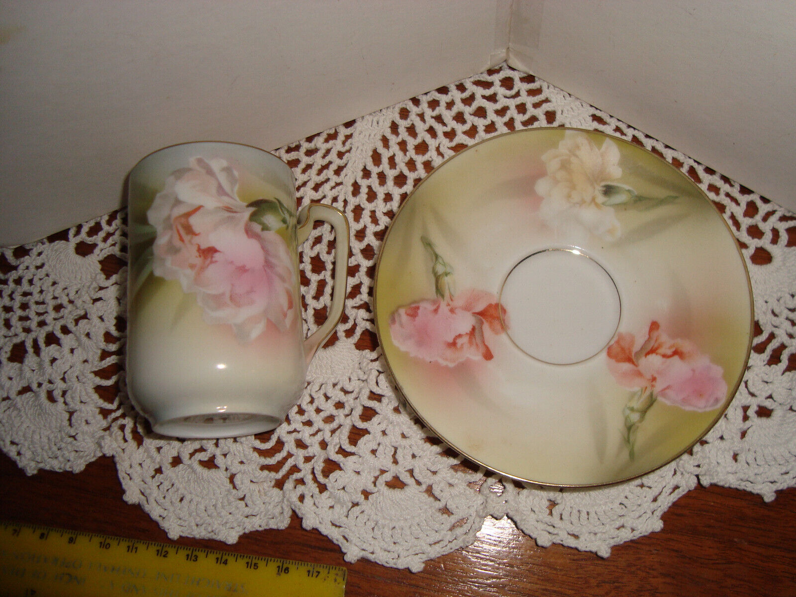 4 Antique 1900a RS Prussia Germany  Cup&Saucers Hand Painted Translucent