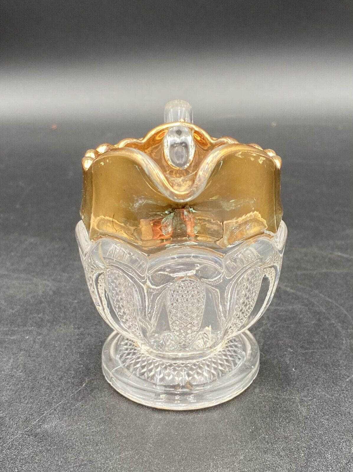 Antique U.S. Glass Co. Glass Creamer, "Texas"/# 15067, Gold Gilt, EAPG, c. 1900