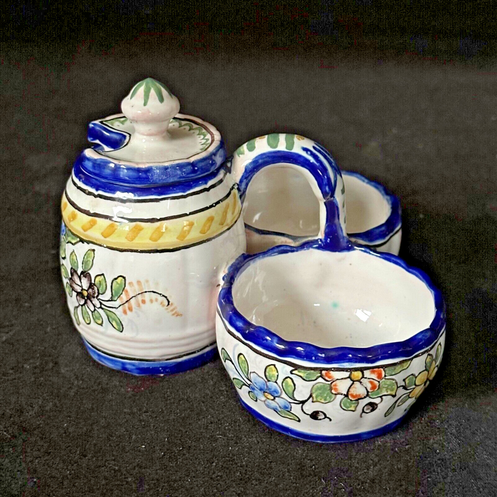 NEVERS Double Salt & Mustard Pot w/ Lid French Faience MONTAGNON Antique c.1910