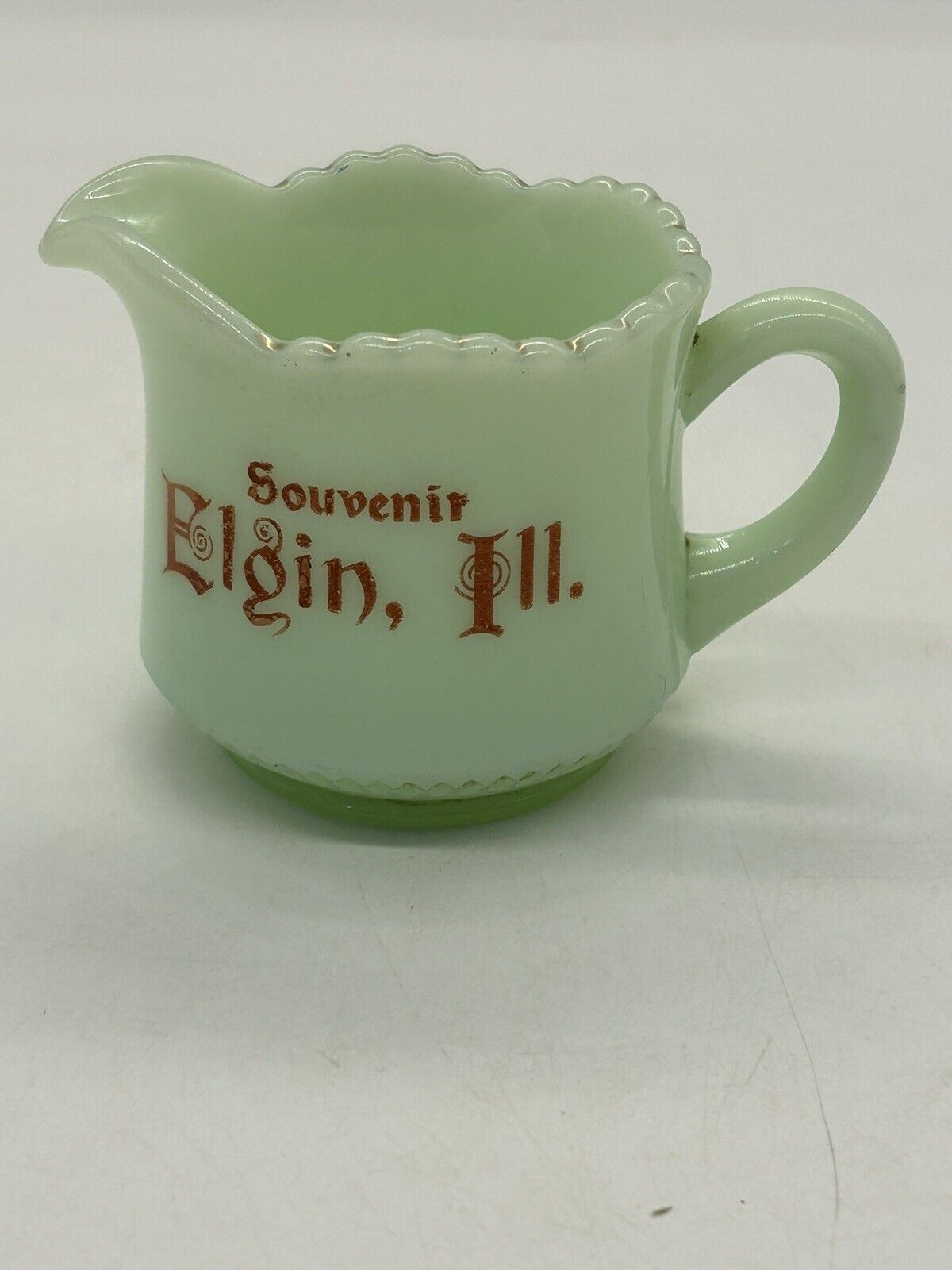 2.75” Tall CUSTARD GLASS SOUVENIR ElGIN ILLINOIS CUP 1900’s URANIUM GLASS