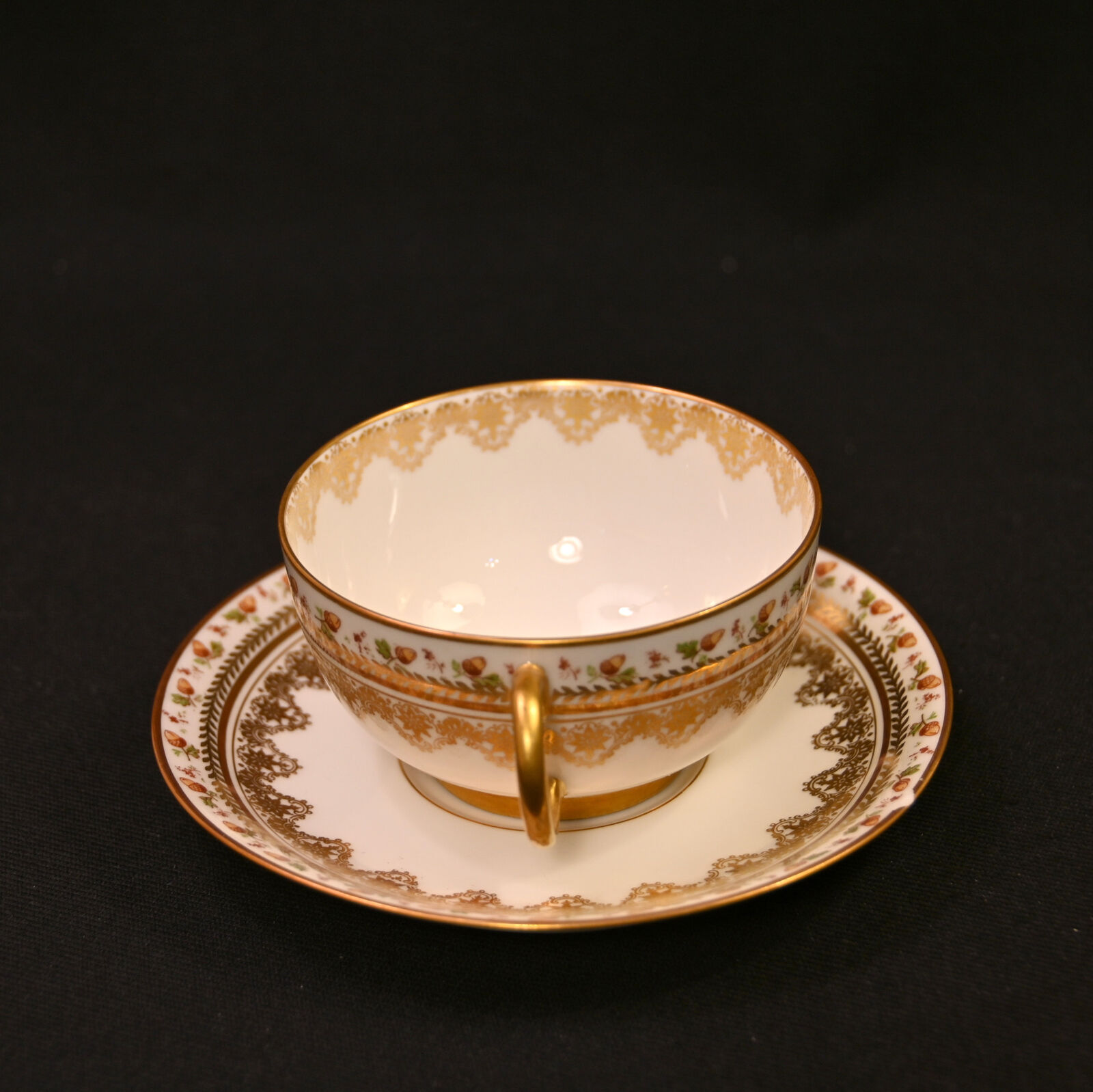 JPL Pouyat Limoges 2 Cups & Saucers Brown Acorns w/Gold 1900-1920 Hand Painted