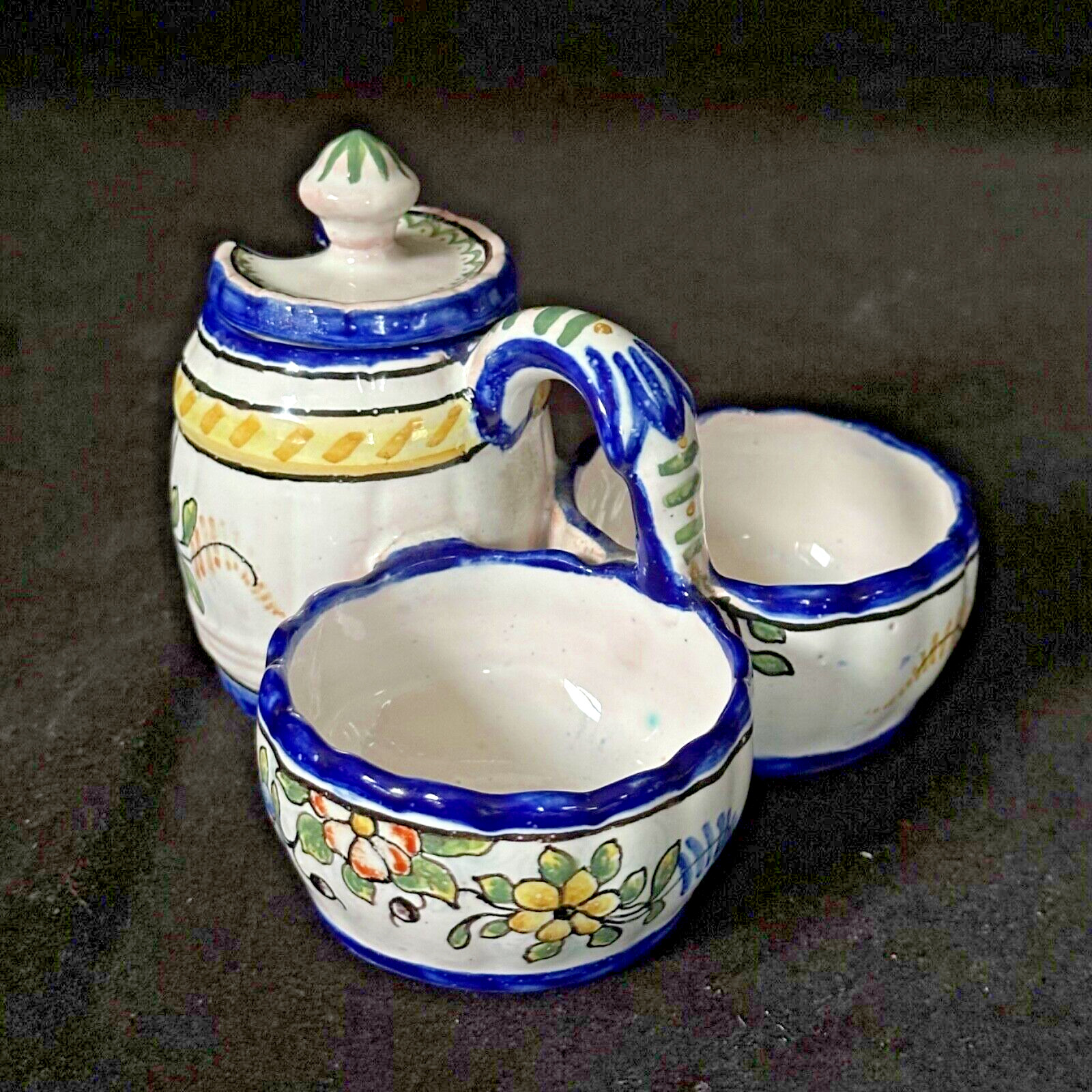 NEVERS Double Salt & Mustard Pot w/ Lid French Faience MONTAGNON Antique c.1910