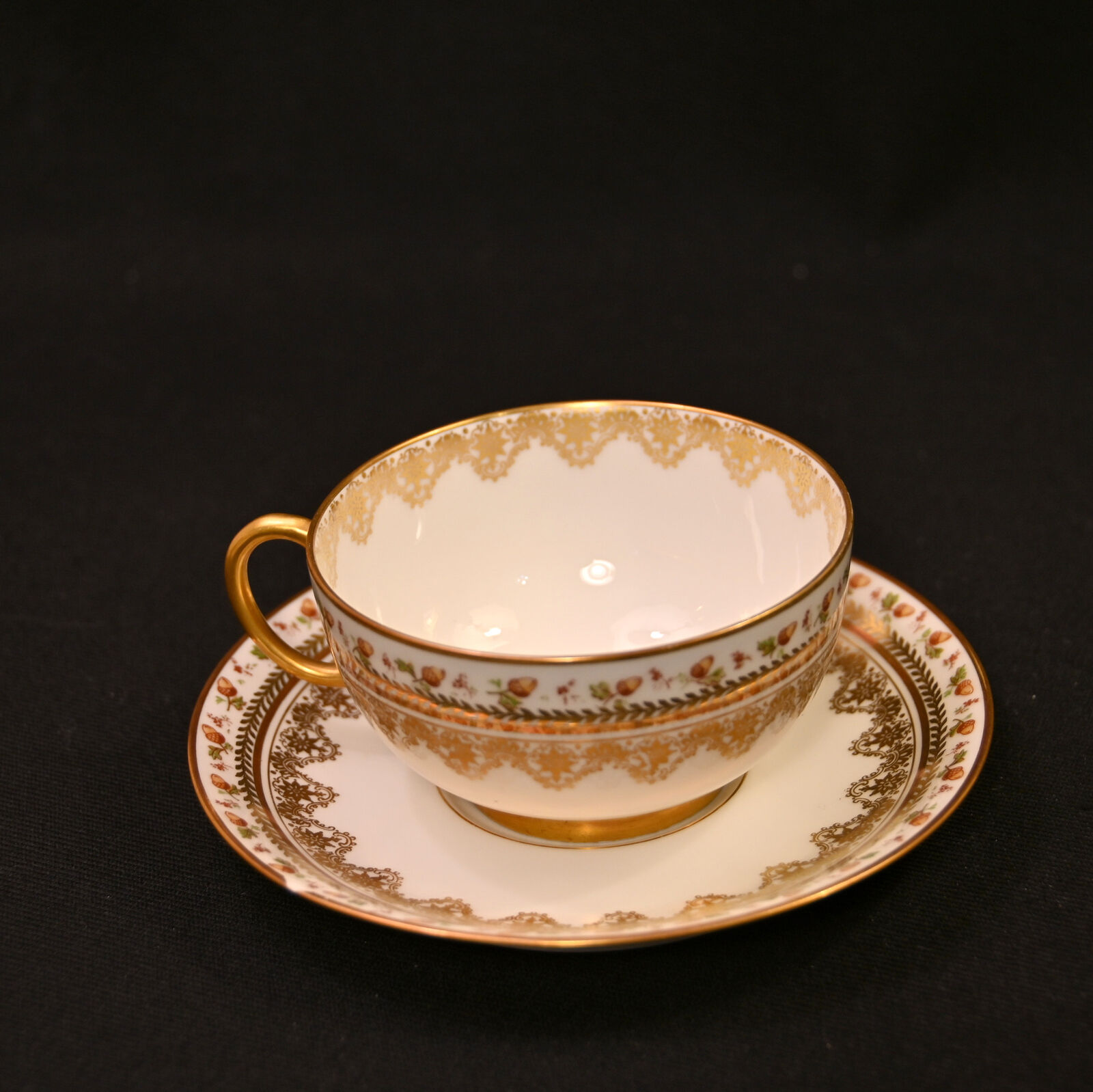 JPL Pouyat Limoges 2 Cups & Saucers Brown Acorns w/Gold 1900-1920 Hand Painted