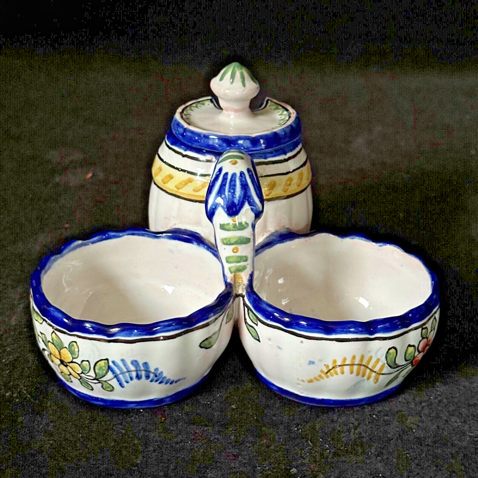 NEVERS Double Salt & Mustard Pot w/ Lid French Faience MONTAGNON Antique c.1910