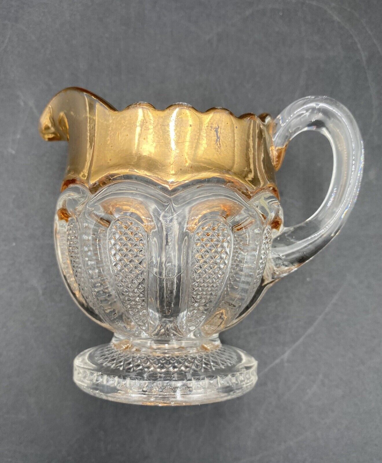 Antique U.S. Glass Co. Glass Creamer, "Texas"/# 15067, Gold Gilt, EAPG, c. 1900
