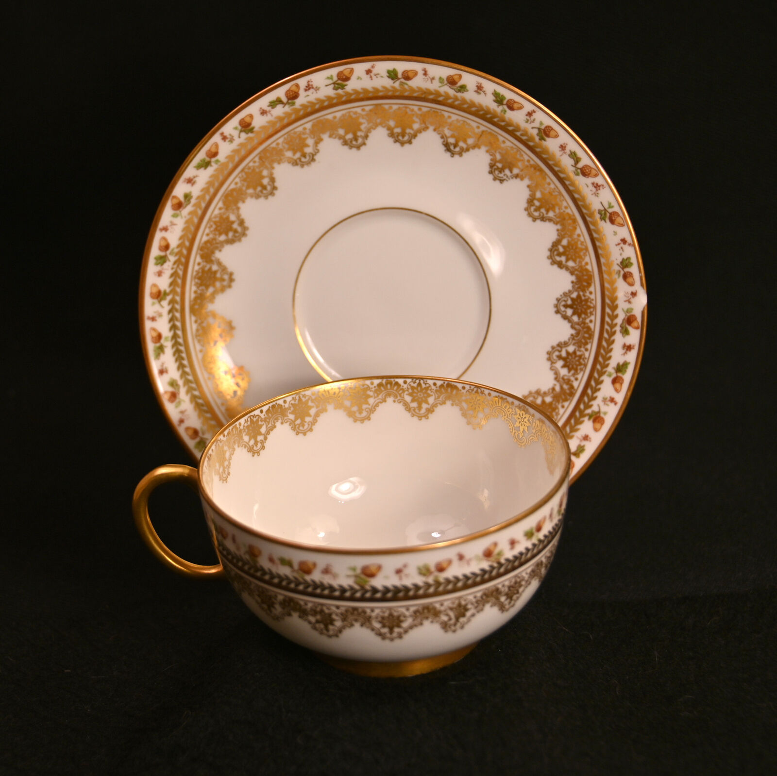 JPL Pouyat Limoges 2 Cups & Saucers Brown Acorns w/Gold 1900-1920 Hand Painted