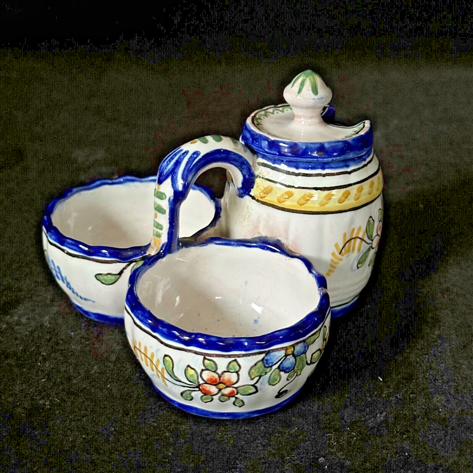 NEVERS Double Salt & Mustard Pot w/ Lid French Faience MONTAGNON Antique c.1910