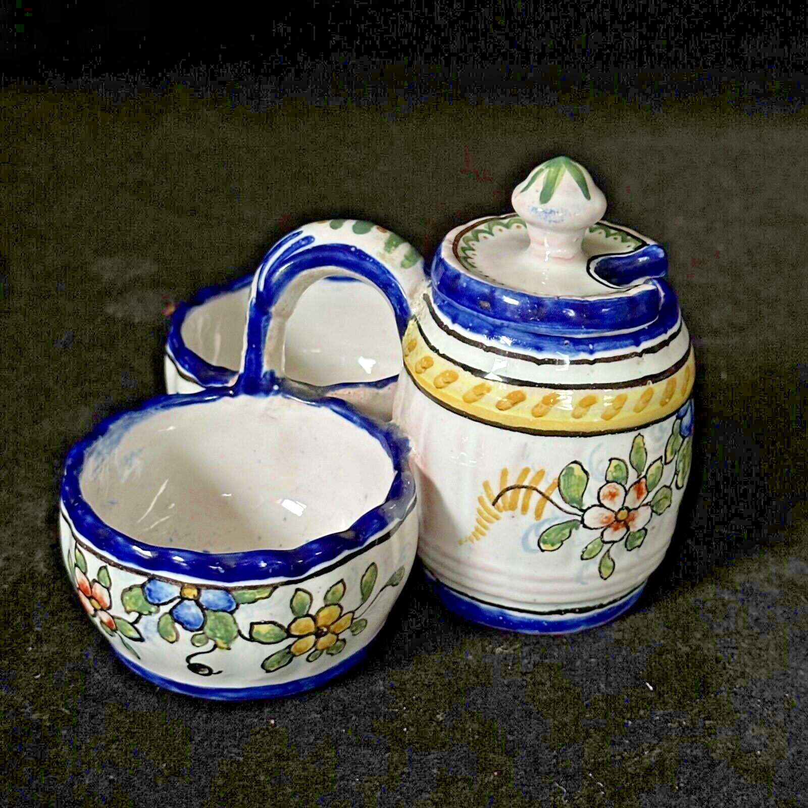 NEVERS Double Salt & Mustard Pot w/ Lid French Faience MONTAGNON Antique c.1910