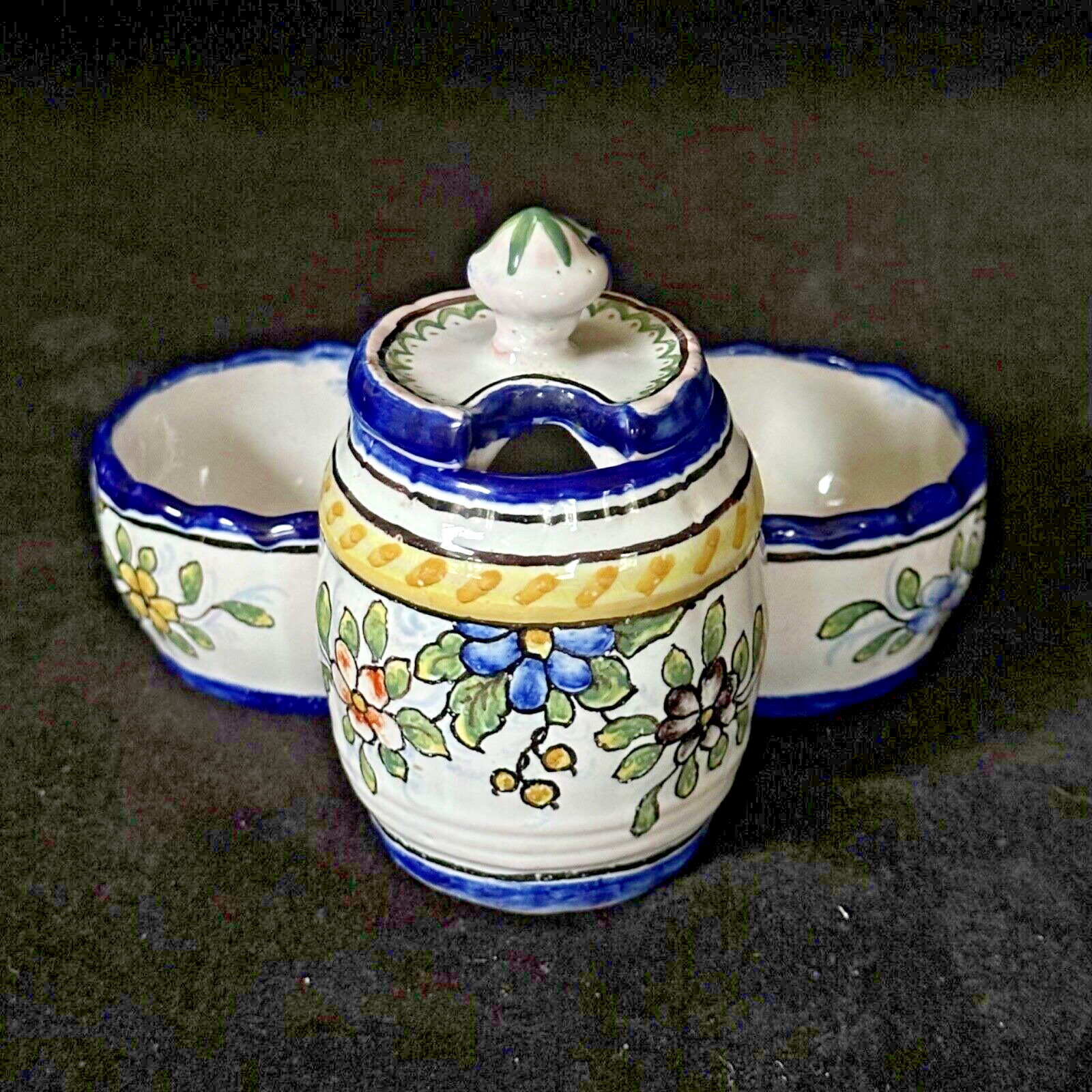 NEVERS Double Salt & Mustard Pot w/ Lid French Faience MONTAGNON Antique c.1910