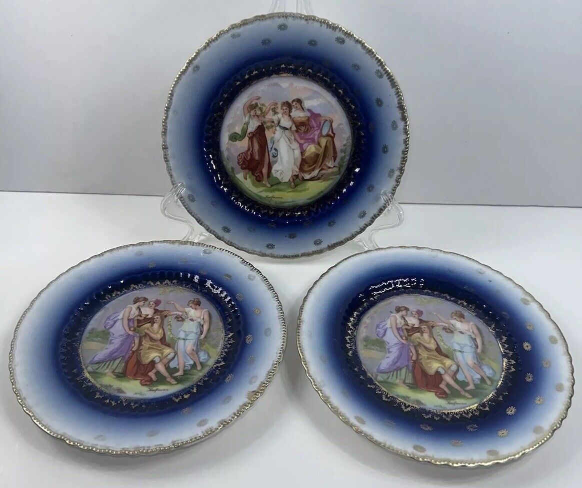 3 Antique 1900s Victoria Austria Gold Gilt Women 7 3/8” Dessert Plates Flow Blue