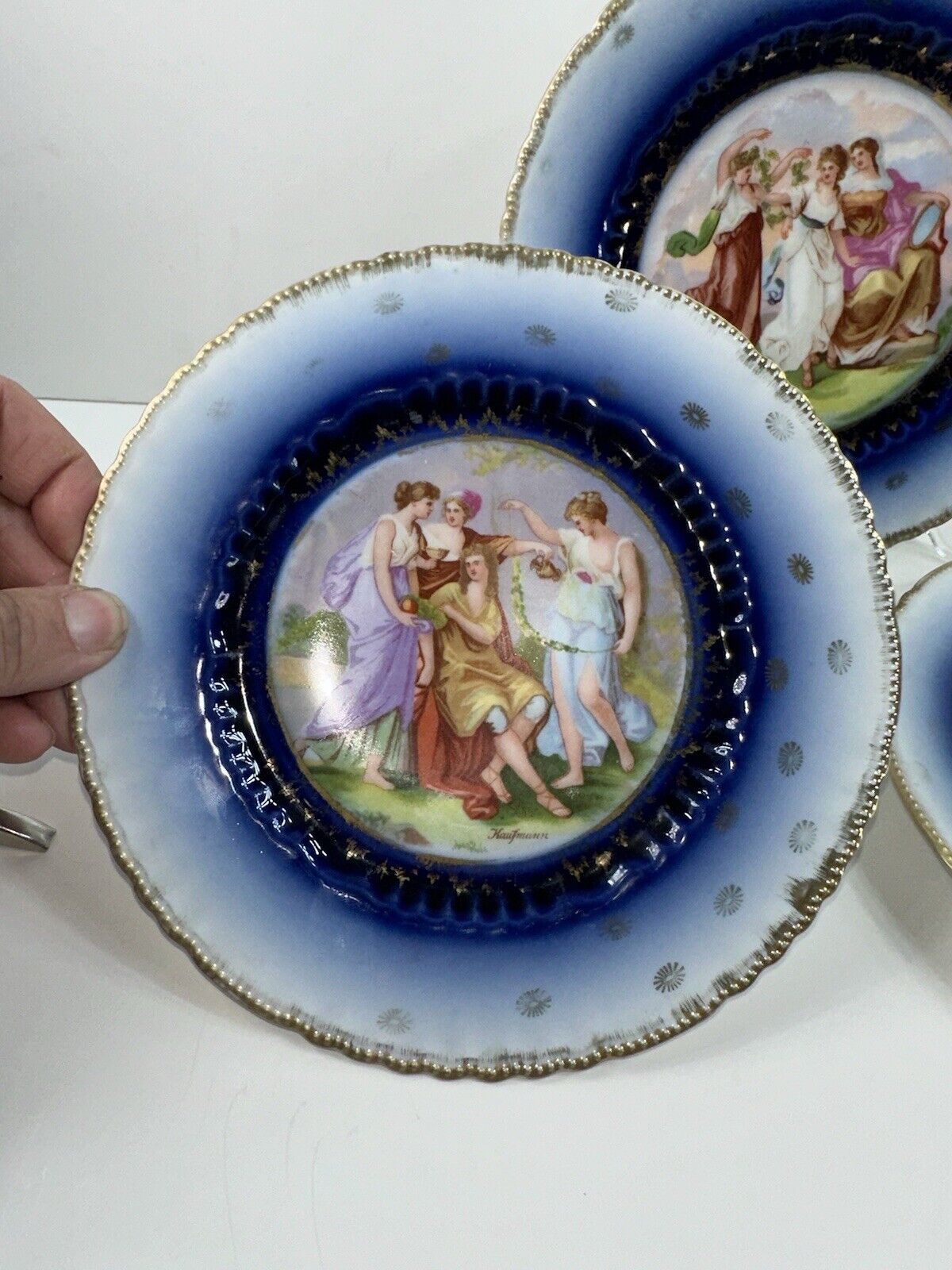 3 Antique 1900s Victoria Austria Gold Gilt Women 7 3/8” Dessert Plates Flow Blue