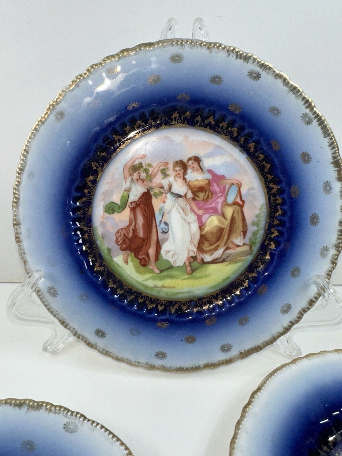 3 Antique 1900s Victoria Austria Gold Gilt Women 7 3/8” Dessert Plates Flow Blue