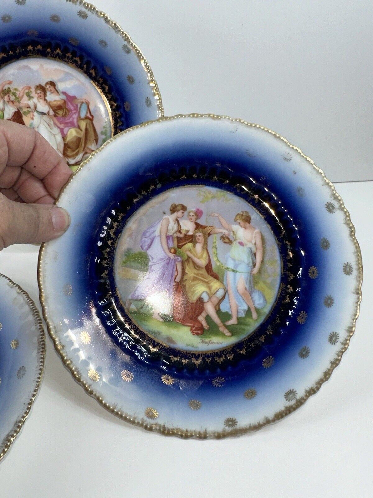 3 Antique 1900s Victoria Austria Gold Gilt Women 7 3/8” Dessert Plates Flow Blue