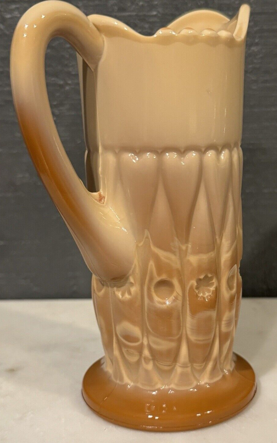 Greentown Chocolate Glass Creamer Shuttle Hearts of Loch Laven Pattern 6" 1800"s